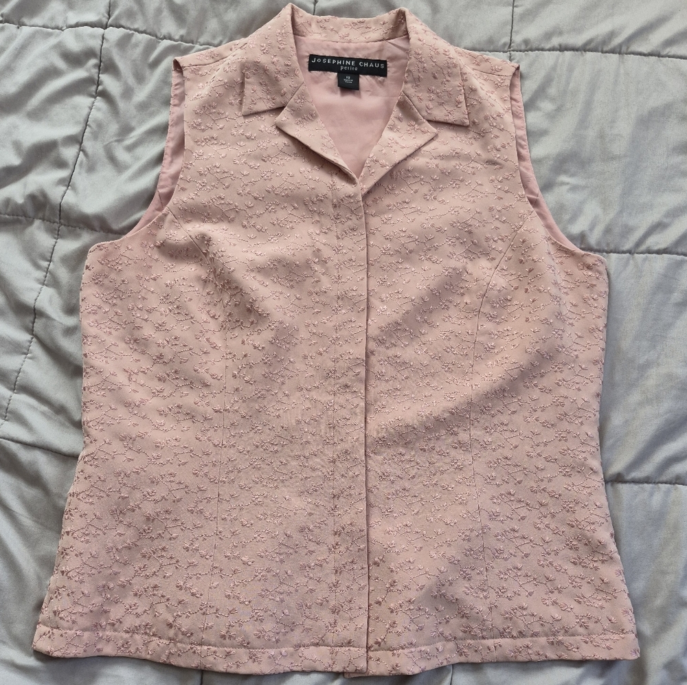 Josephine Chaus Pink Silk Floral Jacquard Collared Sleeveless Blouse, Size 12